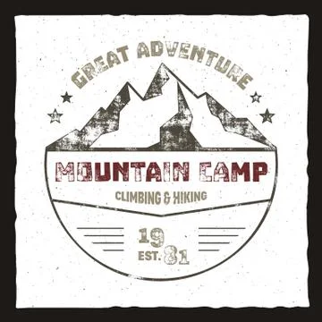 Mountain camp poster. Outdoor adventures logo, retro colors. Graphic print Stock Illustration