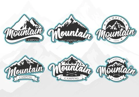 Mountain camping hand drawn vector logo collection with rocky peaks and lette Stock Illustration