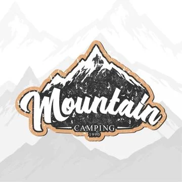 Mountain camping hand drawn vector logo with rocky peaks, lettering and textu Stock Illustration