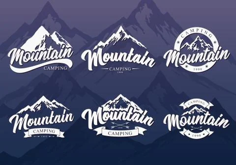Mountain camping hand drawn vector logo collection with white rocky peaks and Stock Illustration