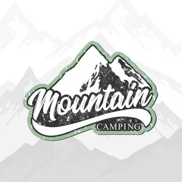 Mountain camping hand drawn vector logo with rocky peaks, lettering and textu Stock Illustration