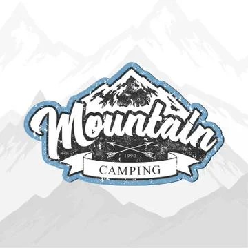 Mountain camping hand drawn vector logo with rocky peaks, lettering and textu Stock Illustration