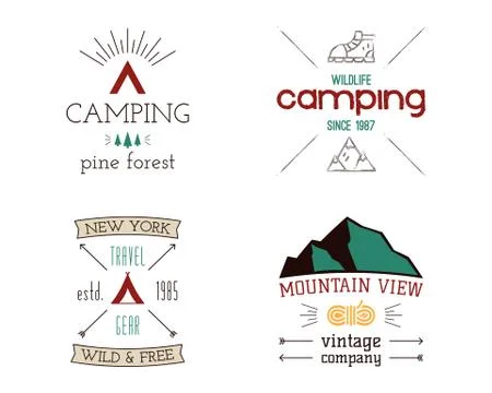 Mountain camping logos set. Hand drawn hiking travel badges, wildlife emblems Stock-Illustration