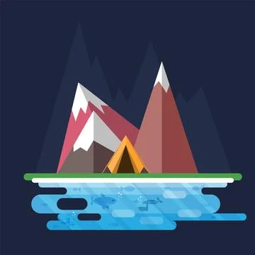 Mountain camping scene featuring a tent by a serene lake with fish and angl.. Stock Illustration