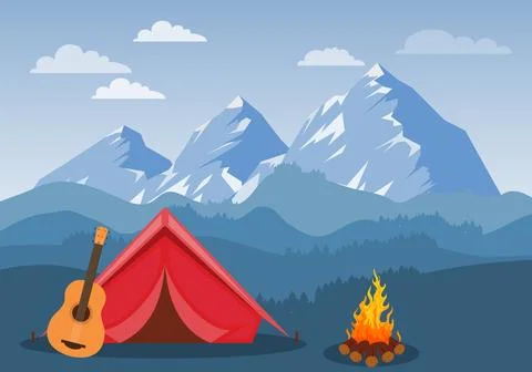 Mountain camping vector illustration red tent with guitar and campfire night Stock Illustration
