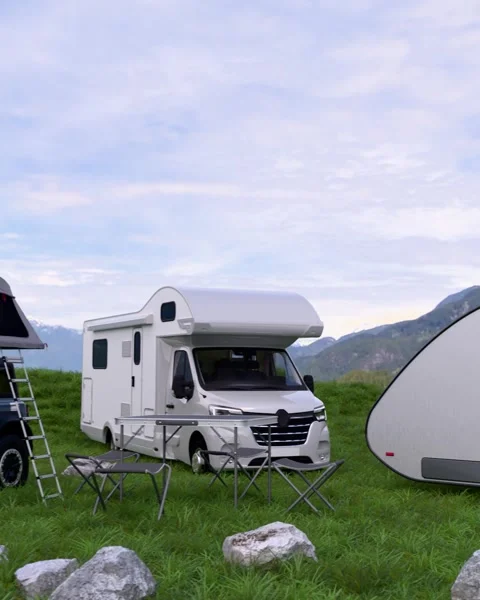 Mountain campsite with a car 库存影片 332412377