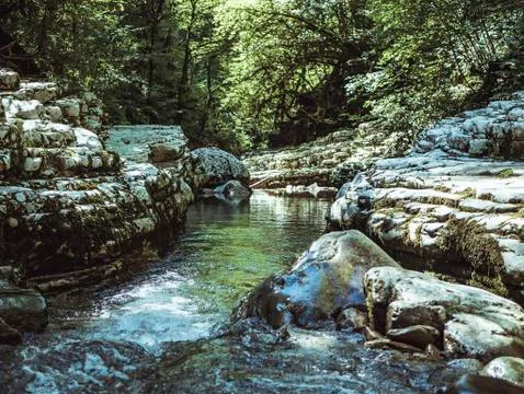 Mountain canyon river reflection stream in the tropical forest Stock Photos