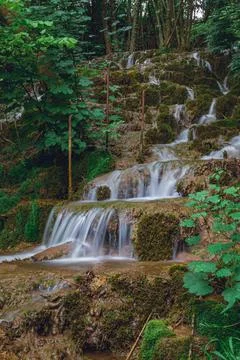 Mountain cascade stream with silky motion blurred water in a beautiful forest. Фото