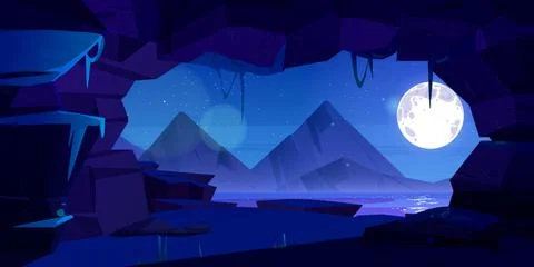 Mountain cave exit with night lake view Stock Illustration