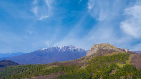 Mountain chain on blue sky background Stock Footage 313585615