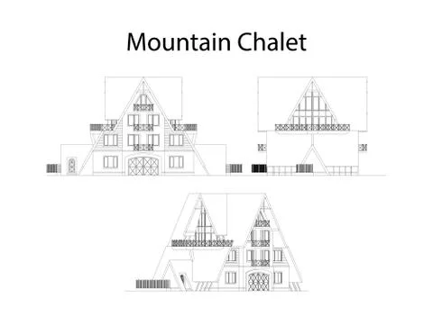 Mountain chalet facade and section, detailed architectural technical drawing Stock Illustration