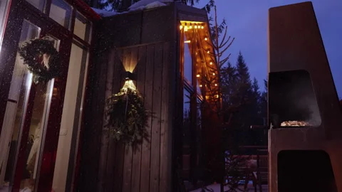 Mountain chalet terrace with fireplace Stock Footage 265107382