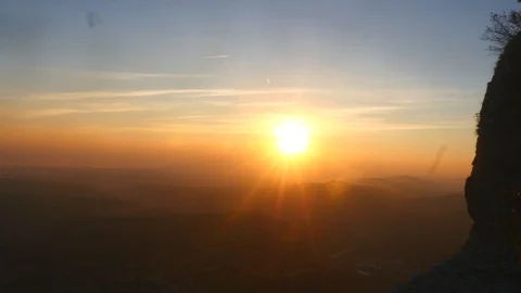 Mountain city, HD pan view of a sunset and the town, from one of the three ca Stock Footage 89614154