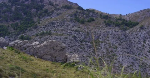 Mountain Cliffs Rock Formations Aerial Camera Fly along Vertical Rocks Epic Video stock 78621512