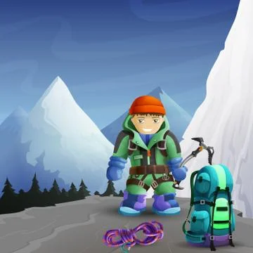 Mountain climber cartoon character background poster Ilustración de archivo