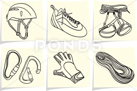 Mountain climbing accessories and equipment on yellow memo sticks Stock Illustration