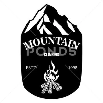 Mountain climbing. Emblem template with rock peak. Design element for logo, l Stock Illustration