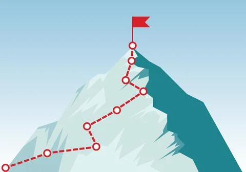 Mountain climbing route to the top with red flag and pin dots vector Stock Illustration