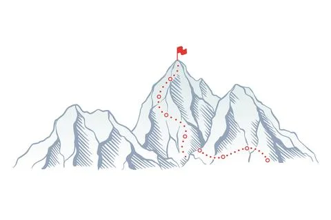 Mountain climbing route to top rock with red flag on peak. Business journey path Ilustração Stock