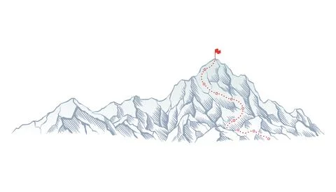 Mountain climbing route to top rock with red flag on peak. Business journey path Ilustração Stock