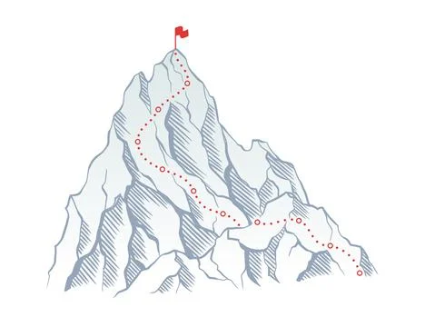 Mountain climbing route to top rock with red flag on peak. Business journey path Stock Illustration