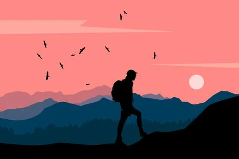 Mountain Climbing Shadow and Landscape Stock Illustration