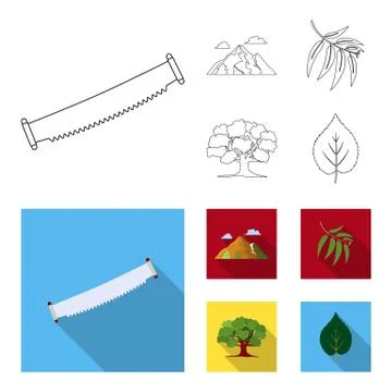 Mountain, cloud, tree, branch, leaf.Forest set collection icons in outline,flat Stock Illustration