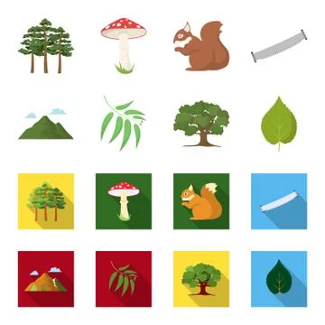Mountain, cloud, tree, branch, leaf.Forest set collection icons in cartoon,flat Stock Illustration