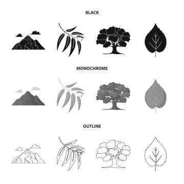 Mountain, cloud, tree, branch, leaf.Forest set collection icons in black Illustrazione stock