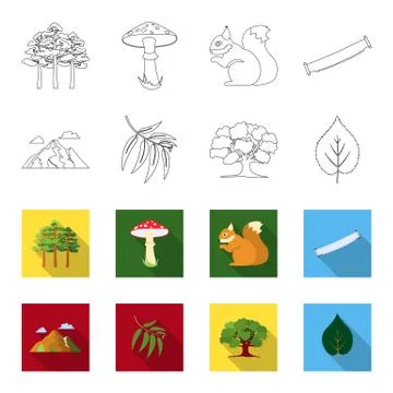 Mountain, cloud, tree, branch, leaf.Forest set collection icons in outline,flat Stock Illustration