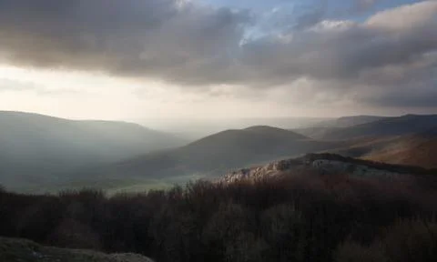 Mountain in the clouds at dawn Stock Photos