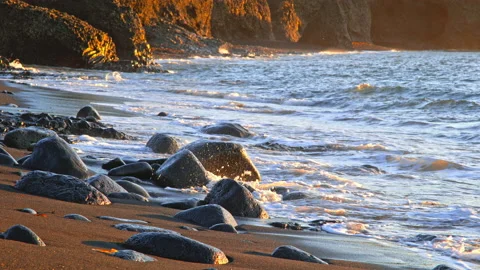 Mountain Coast With Black Volcanic Beach at Sunset In Iceland Nature 8K Stock Footage 230051433