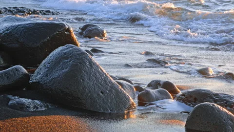 Mountain Coast With Black Volcanic Beach at Sunset In Iceland Nature 8K Stock Footage 230051461