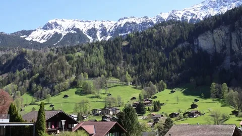 Mountain cog train driving uphill towards Wengen in Swiss Alps Stock Footage 274307073