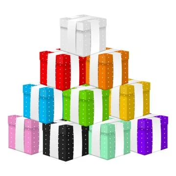 Mountain of Colored 3d Gifts Boxes with White Ribbon. Vector illustration. Stock Illustration