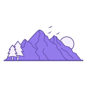 Mountain Colored Icon. Vector Icon. Mountains, Trees, Birds and Sun. Advent.. Illustrazione stock