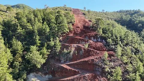 Mountain construction drone view coniferous forest Foto stock