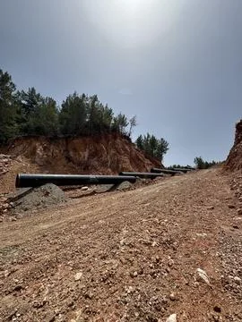 Mountain construction drone view coniferous forest Stock Photos