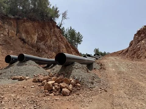 Mountain construction drone view coniferous forest Stock Photos