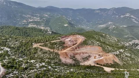 Mountain construction drone view coniferous forest Stock Photos