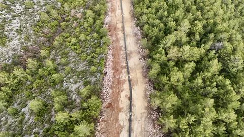 Mountain construction drone view coniferous forest Stock-Fotos
