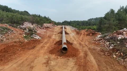 Mountain construction drone view coniferous forest Stock-Fotos