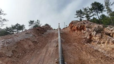 Mountain construction drone view coniferous forest Stock-Fotos