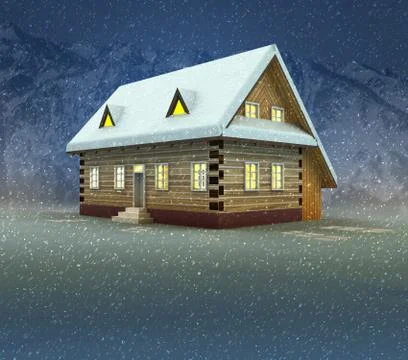 Mountain cottage and window shiny light at night snowfall illustration Stock Illustration