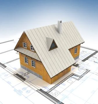 Mountain cottage building with layout plan and clear blue sky illustration Stock Illustration