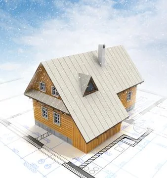 Mountain cottage building with layout plan at winter blizzard illustration Stock Illustration