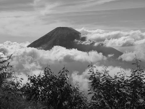 A mountain is covered in clouds and the sky is gray Fotos Stock