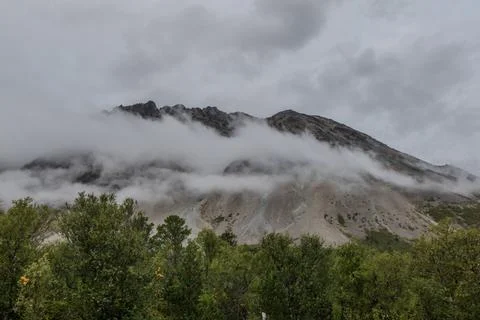 A mountain covered by clouds. A forest on the foreground. Stock Photos