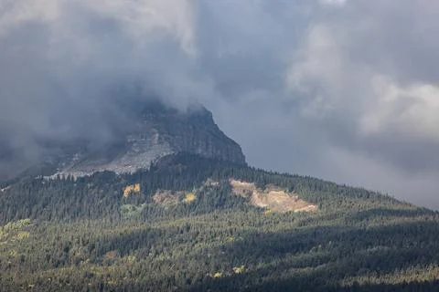 A mountain covered in trees and a cloudy sky Stock Photos