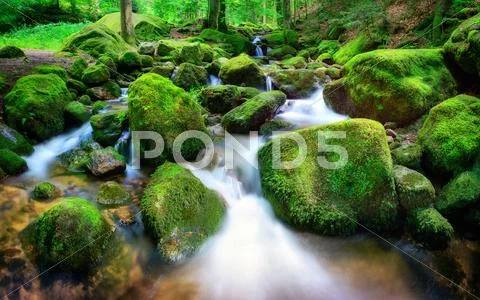 Mountain creek gently cascading through rocks Stock Photos